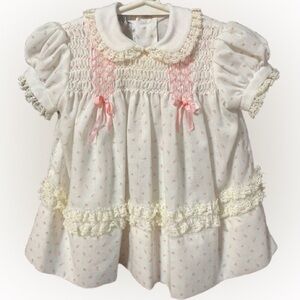 Polly Flinders Vintage Hand Smocked Baby Dress with Pink bow Size 3-9 Months